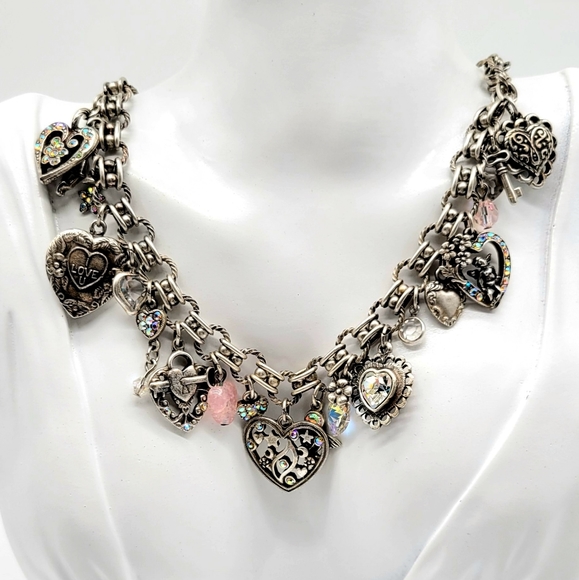 Kirks Folly Vintage Heart, Lock + Key Charm Necklace w/ Aurora Borealis Crystals - Picture 1 of 15